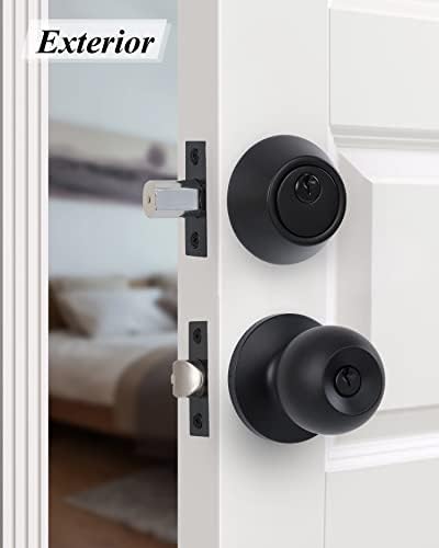 Entry Door Lock Set 4 Knobs 1 Deadbolt Matte Black Durable for Exterior Use