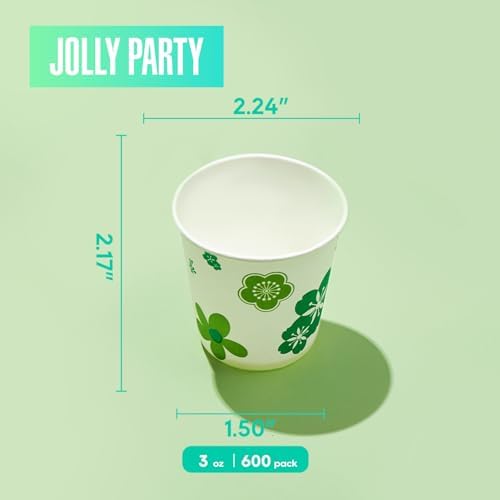 JOLLY PARTY 600 Pack 3oz Disposable Bathroom Cups Green Floral Design Perfect for Parties Events