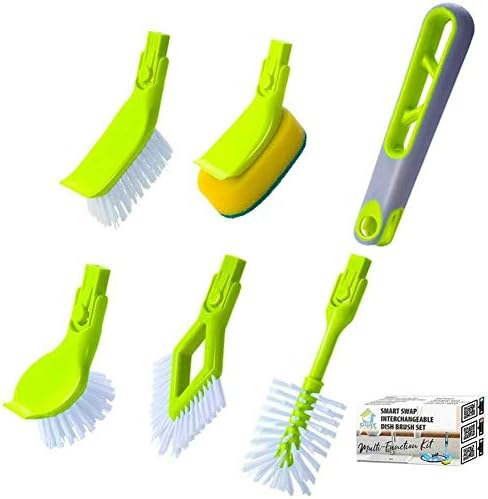 Guay Clean Kitchen Dish Brush Set - 4pc Includes Bottle Rectangular Round Corner Brushes and Bonus Scrub Sponge