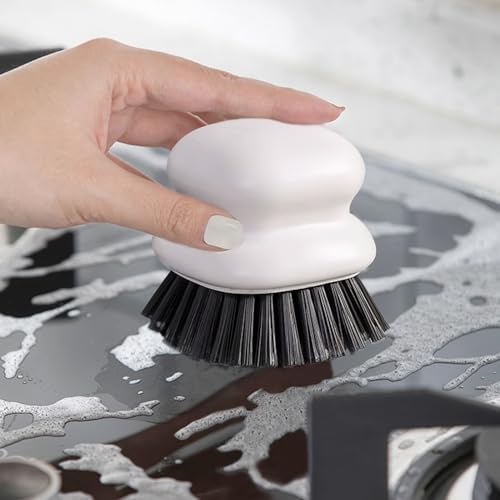 White Ergonomic Dish Brush with Handle for Kitchen Scrubbing