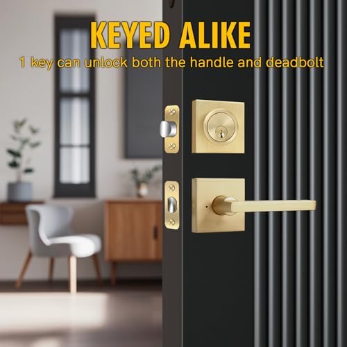 Cielsa DawnGold Heavy Duty Privacy Lever Door Handle and Single Cylinder Deadbolt Lock Set Easy Install 1-Year Warranty