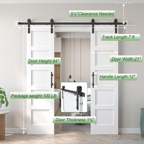 FREDBECK Double 21inx84in White Barn Door and 7FT Sliding Barn Door Hardware Kit