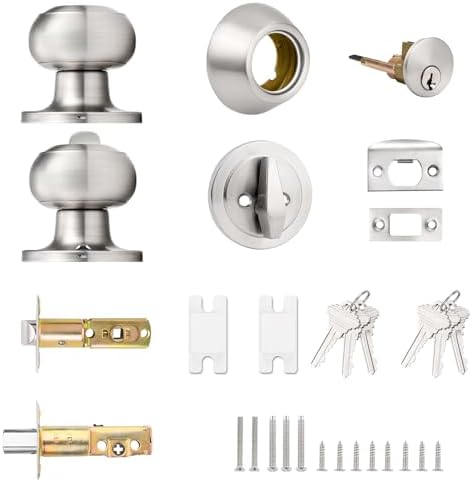 Probrico Keyed Alike Round Ball Entry Door Knob and Deadbolt Set Satin Nickel