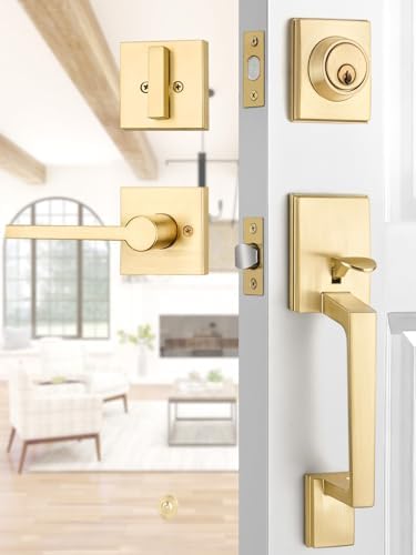 EHOMEWARE Gold Front Door Handle Set - Brass Heavy Duty Single Cylinder Deadbolt Combo