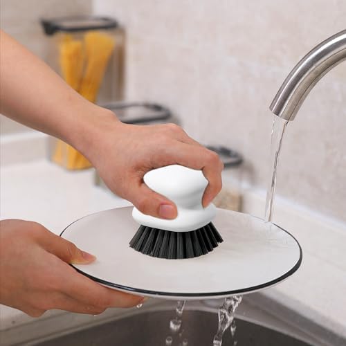 White Ergonomic Dish Brush with Handle for Kitchen Scrubbing
