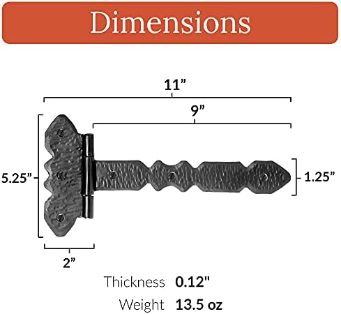 2 Pack 9 Inch Black Wrought Iron Hinges - Nuevo Leon Series