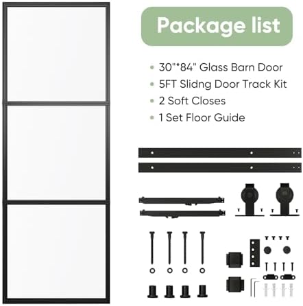 Barnsmith 30in x 84in Black Tempered Frosted Glass Sliding Door with Soft Close Easy to Install