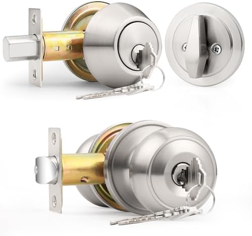 Probrico Keyed Alike Round Ball Entry Door Knob and Deadbolt Set Satin Nickel