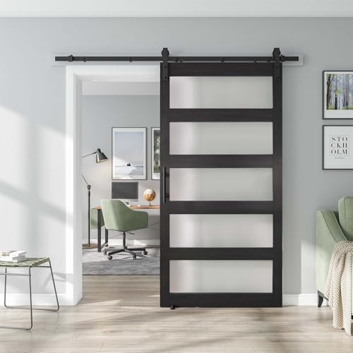 Alamedad 42x84 MDF White Barn Door with Frosted Glass and Handle Easy to Install