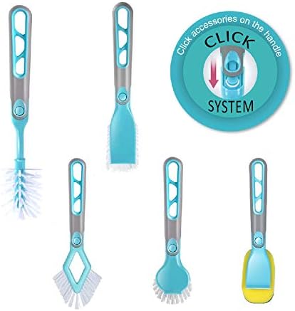 Guay Clean Kitchen Dish Brush Set - 4pc Includes Bottle Rectangular Round Corner Brushes and Bonus Scrub Sponge
