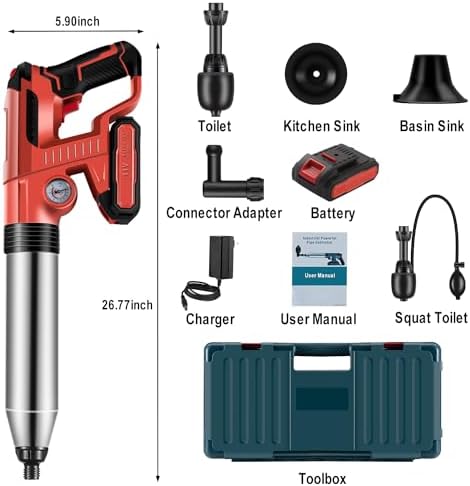 Electric Toilet Plunger RED 2-Min Unclog Bathroom Use