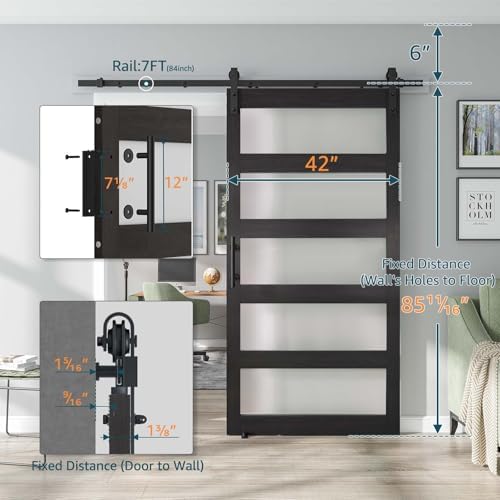 Alamedad 42x84 MDF White Barn Door with Frosted Glass and Handle Easy to Install