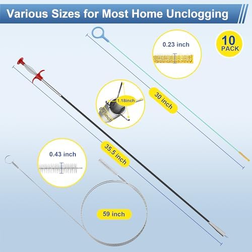 Kellys Collection Drain Clog Remover Set 10-Piece Includes 30 Steel Clog Remover 355 Steel Snake 4-PC 59 Cleaning Brush