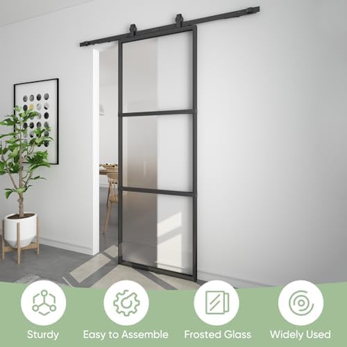 Barnsmith 30in x 84in Black Tempered Frosted Glass Sliding Door with Soft Close Easy to Install