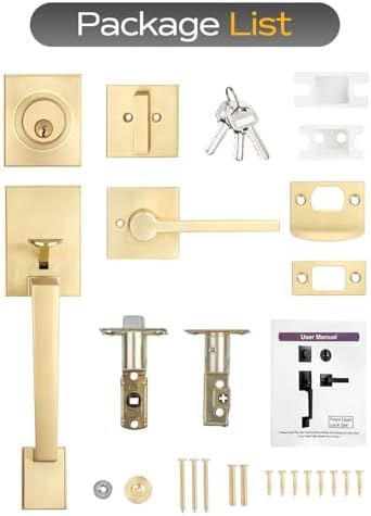 EHOMEWARE Gold Front Door Handle Set - Brass Heavy Duty Single Cylinder Deadbolt Combo