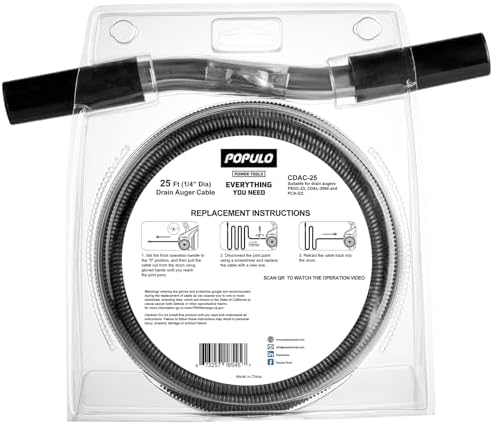 25FT Replacement Cable for Populo Electric Drain Auger