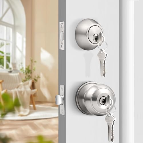 Probrico Keyed Alike Round Ball Entry Door Knob and Deadbolt Set Satin Nickel