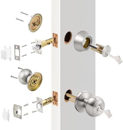 Probrico Keyed Alike Round Ball Entry Door Knob and Deadbolt Set Satin Nickel