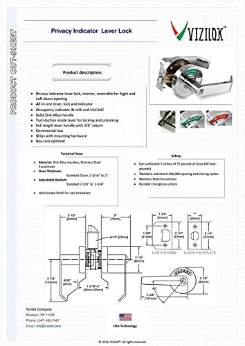 VIZILOK Commercial Door Lock with Vacant Indicator Satin Chrome ANSI Grade2