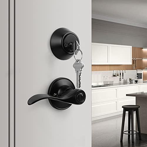 Gobrico Front Door Lever Lockset w Double Cylinder Black