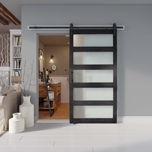 Alamedad 42x84 MDF White Barn Door with Frosted Glass and Handle Easy to Install