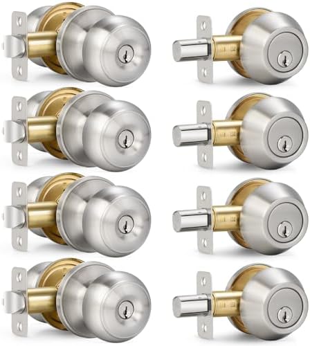 Sopoby 4 Sets Entry Door Knob and Single Cylinder Deadbolt Combo Set
