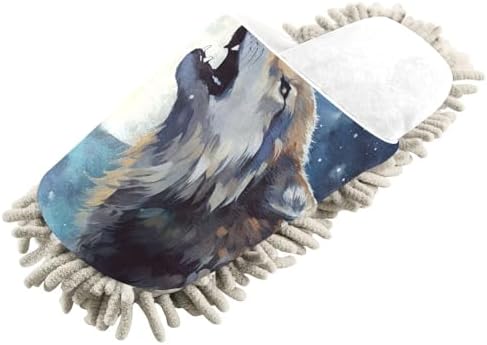 White Watercolor Wolf Moon Night Mop Slippers