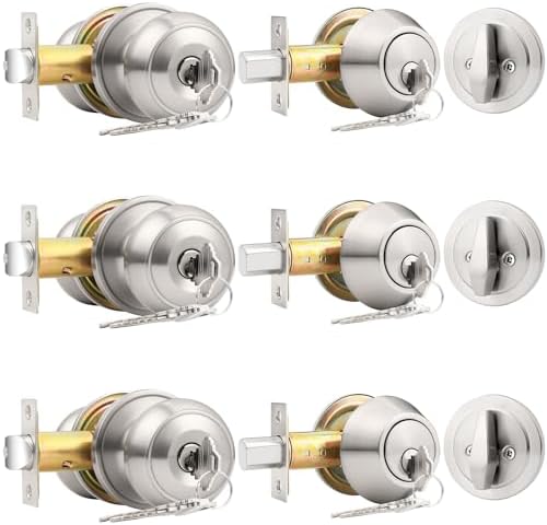 3-Pack Probrico Entry Door Knob Lock Set with Deadbolt SATIN Nickel Identical Keys