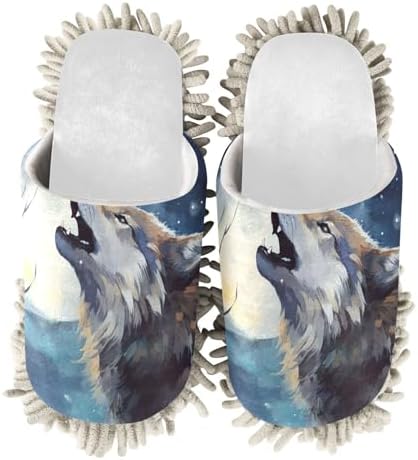 White Watercolor Wolf Moon Night Mop Slippers