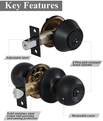 Entry Door Lock Set 4 Knobs 1 Deadbolt Matte Black Durable for Exterior Use