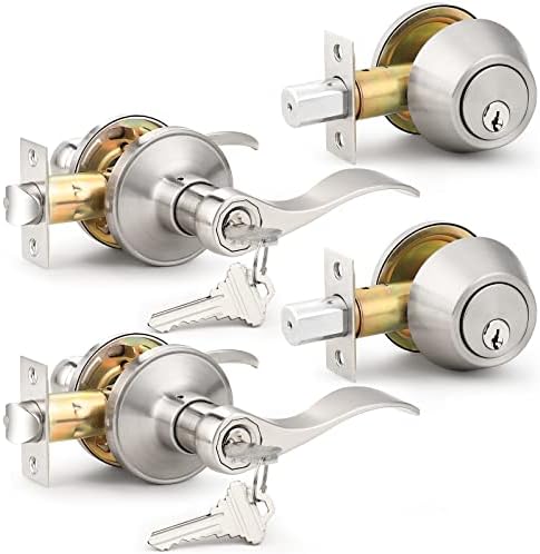 Probrico Drop Style Entry Door Handle Set with Satin Nickel_finish Keyed Alike for Modern Doors