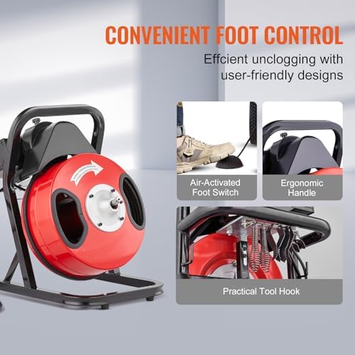 VEVOR 50FTx12Inch Steel Core Electric Drain Auger for 2 to 4 Pipes Powerful Drain Cleaning Tool