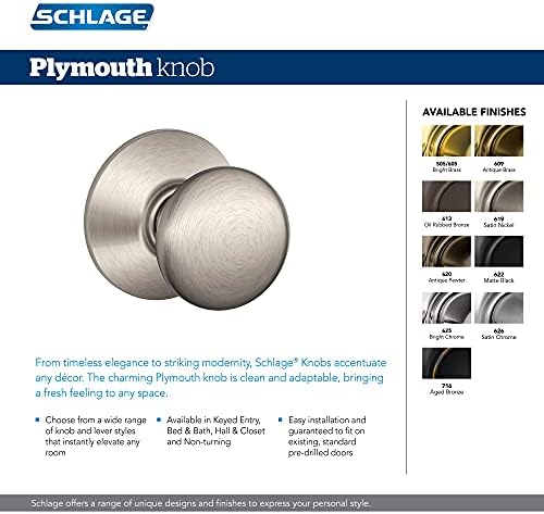 Precut Door knob Non-Turning Dummy Door Handle - Plymouth Style Bright Brass Schlage F170 PLY 605