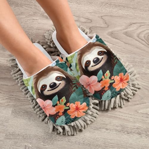 Keep Your Feet Comforted - White Leaves Flowers Sloth Mop Slippers