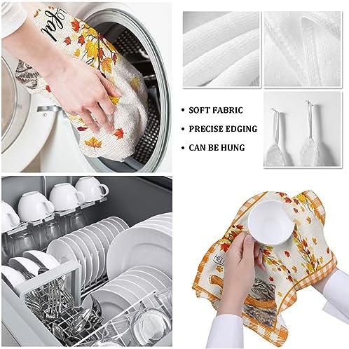 Thanksgiving Kitchen Towels Absorbent Microfiber Dish Towels with Fall Leaves Plaid Design