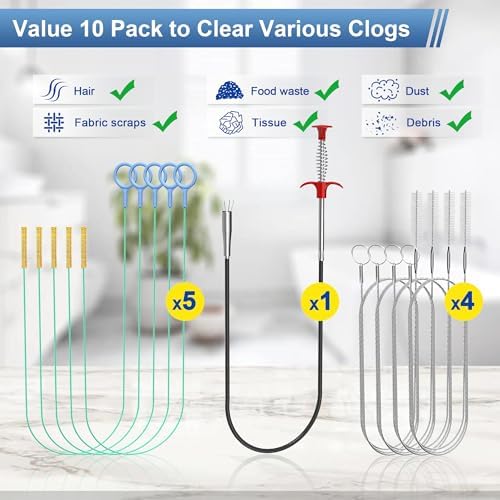 Kellys Collection Drain Clog Remover Set 10-Piece Includes 30 Steel Clog Remover 355 Steel Snake 4-PC 59 Cleaning Brush