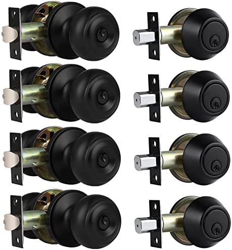 Sturdy 4-Pack Keyed Alike Entry Door Knobs with Single Cylinder Deadbolt Set for Exterior Security