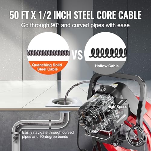 VEVOR 50FTx12Inch Steel Core Electric Drain Auger for 2 to 4 Pipes Powerful Drain Cleaning Tool