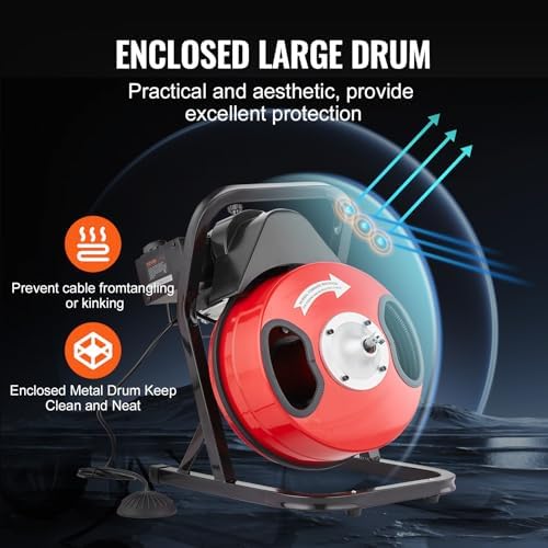 VEVOR 50FTx12Inch Steel Core Electric Drain Auger for 2 to 4 Pipes Powerful Drain Cleaning Tool