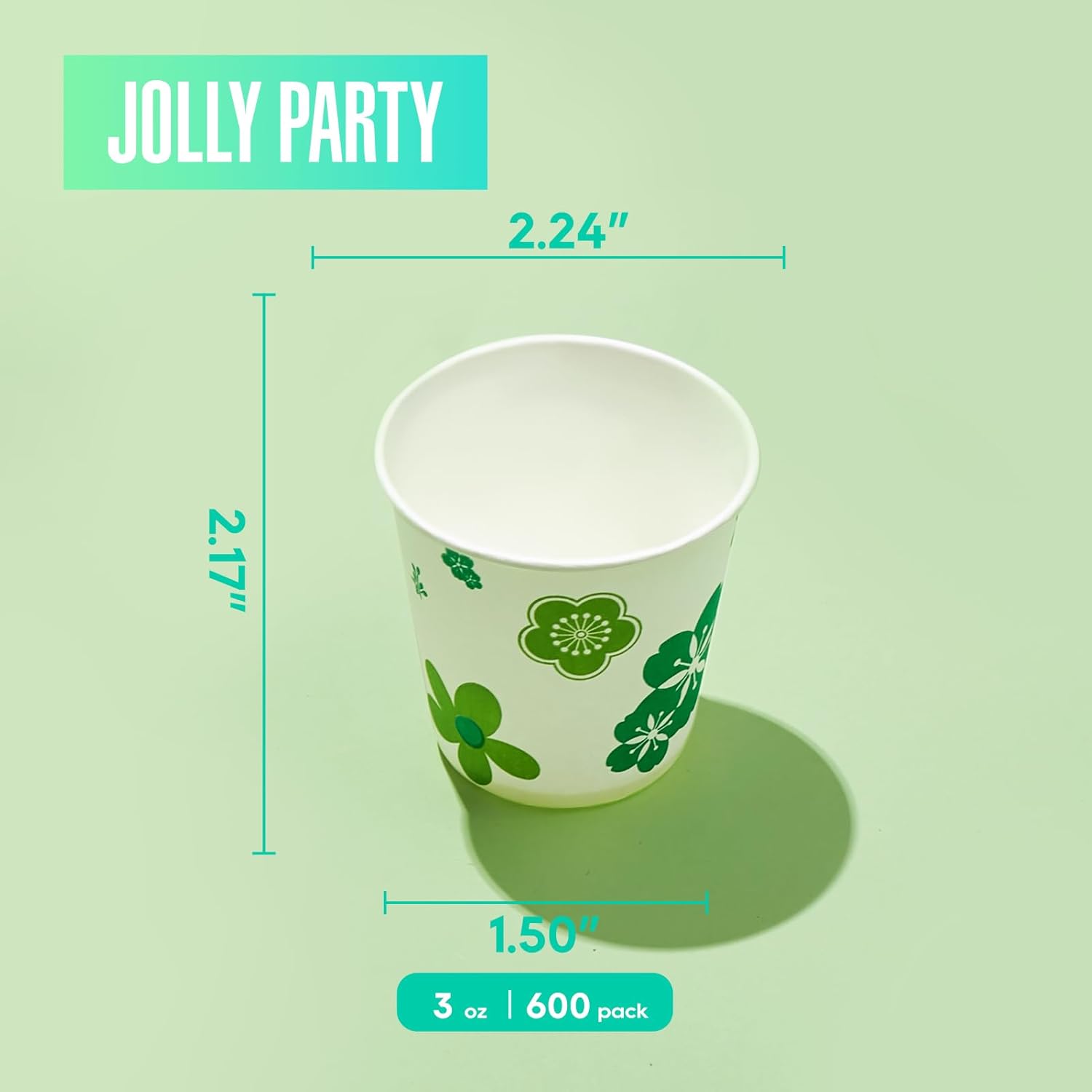 JOLLY PARTY 600 Pack 3oz Disposable Bathroom Cups Green Floral Design Perfect for Parties Events