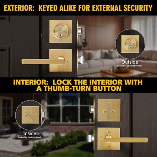 Cielsa DawnGold Heavy Duty Privacy Lever Door Handle and Single Cylinder Deadbolt Lock Set Easy Install 1-Year Warranty