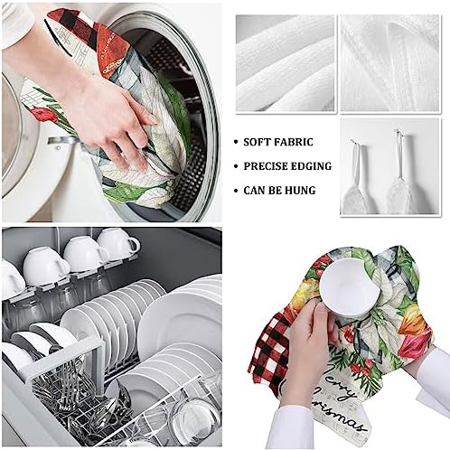 festive Christmas Kitchen Towels - Red Flower Pine Buffalo Plaid - Quick-Dry Microfiber Sets 4-Piece 18x28