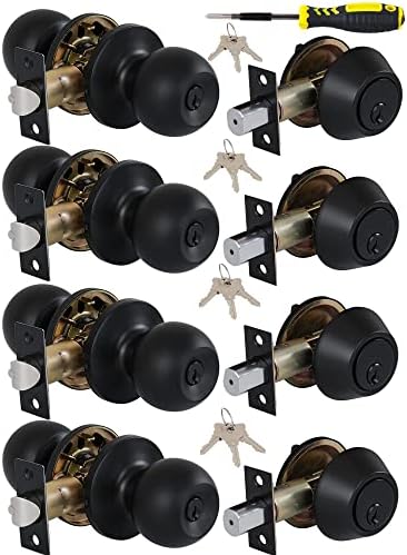 Entry Door Lock Set 4 Knobs 1 Deadbolt Matte Black Durable for Exterior Use