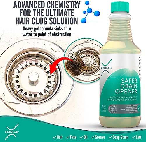 XionLab Safer Greener Drain Clog Remover - Effective for Hair Grease - Septic Safe Odorless Biodegradable 32 oz