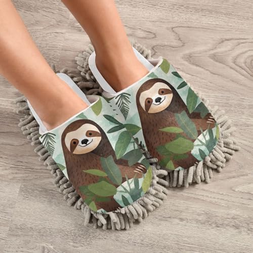 Runnin Bear White Leaves Sloth Mop Slippers