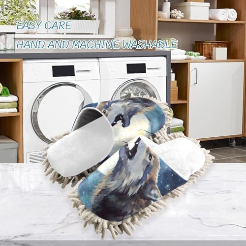 White Watercolor Wolf Moon Night Mop Slippers