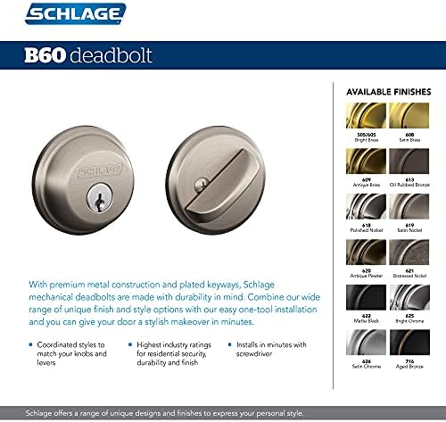 Schlage B60 N 622 Deadbolt Keyed 1 Side Highest Residential Security Matte Black