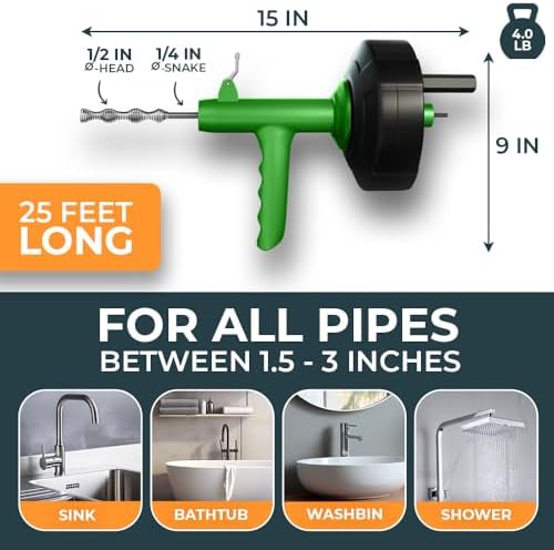 Drain Snake 40 Auto-Feeding 25FT Effortless Drain Unblocking Eco-Friendly
