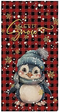 ZOE GARDEN Christmas Plaid Dish Towel Set Penguins Golden Snowflakes Red 18x28 1-PC