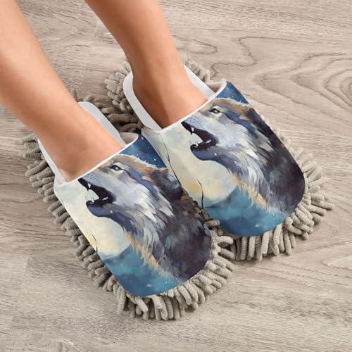 White Watercolor Wolf Moon Night Mop Slippers